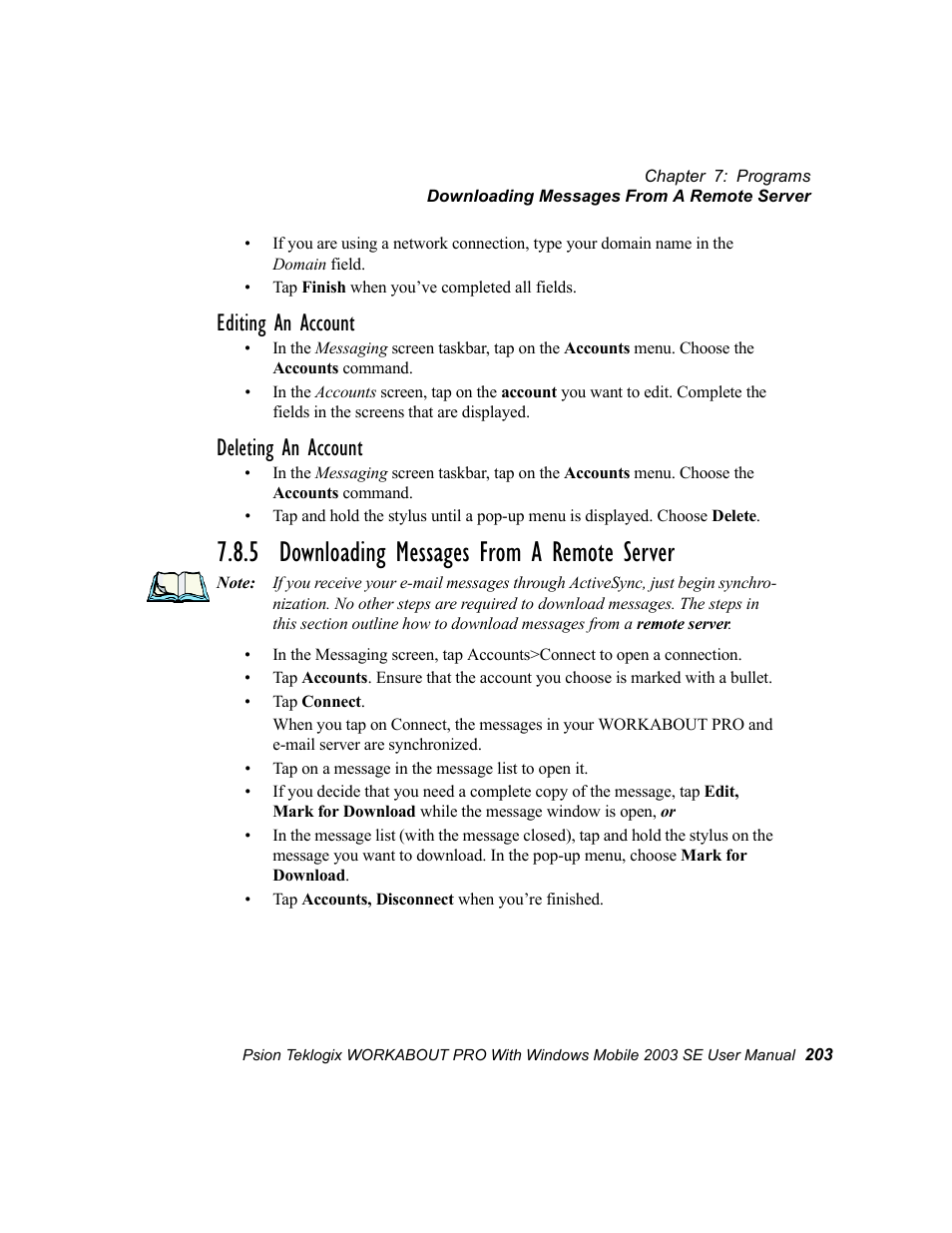 5 downloading messages from a remote server, Editing an account, Deleting an account | Psion Teklogix Schnellstart- Anleitung 7525 User Manual | Page 233 / 364