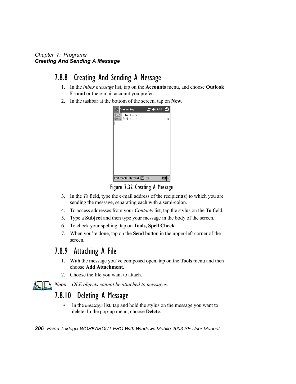 8 creating and sending a message, 9 attaching a file, 10 deleting a message | Creating and sending a message, 9 attaching a file 7.8.10 deleting a message | Psion Teklogix Schnellstart- Anleitung 7525 User Manual | Page 236 / 364