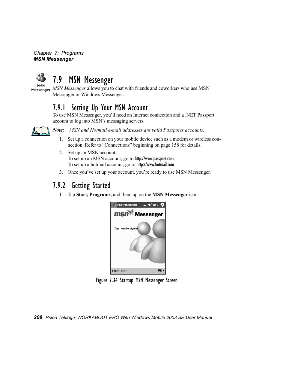 9 msn messenger, 1 setting up your msn account, 2 getting started | Psion Teklogix Schnellstart- Anleitung 7525 User Manual | Page 238 / 364