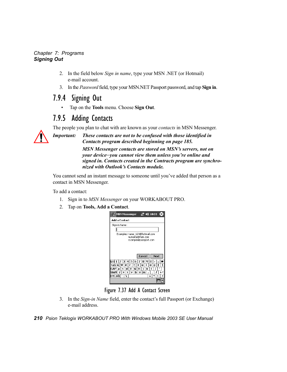 4 signing out, 5 adding contacts, 4 signing out 7.9.5 adding contacts | Psion Teklogix Schnellstart- Anleitung 7525 User Manual | Page 240 / 364