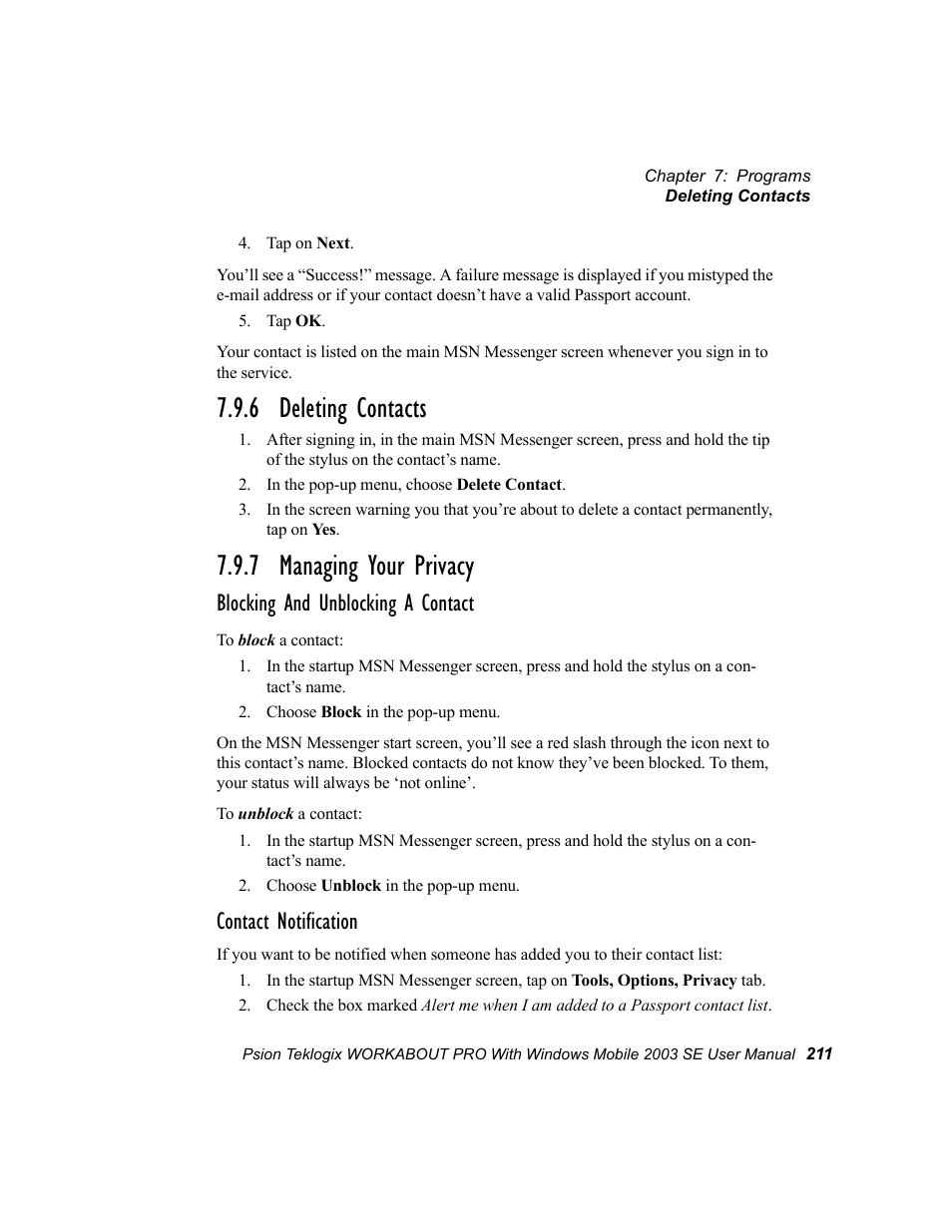 6 deleting contacts, 7 managing your privacy, 6 deleting contacts 7.9.7 managing your privacy | Blocking and unblocking a contact, Contact notification | Psion Teklogix Schnellstart- Anleitung 7525 User Manual | Page 241 / 364