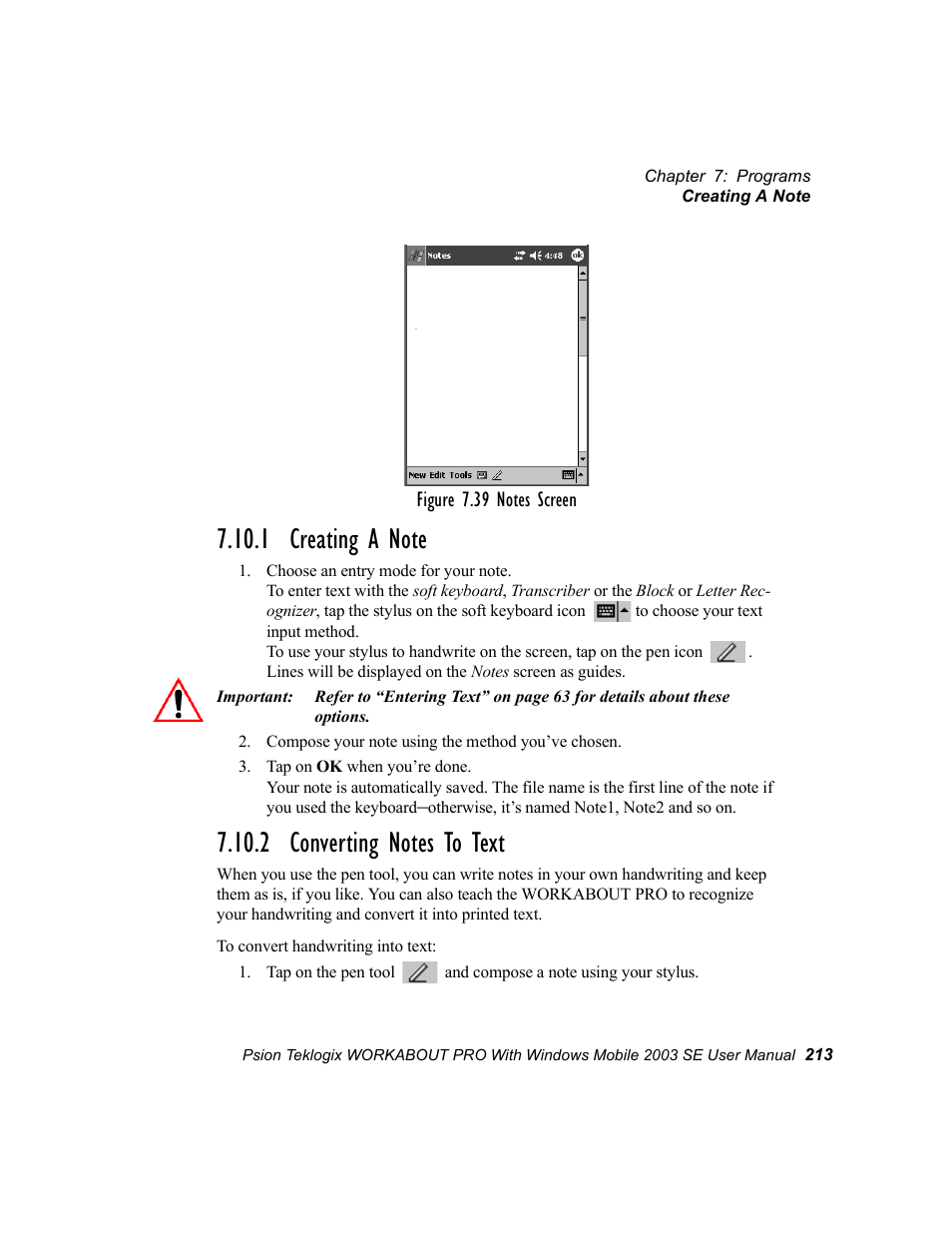 1 creating a note, 2 converting notes to text, 1 creating a note 7.10.2 converting notes to text | Psion Teklogix Schnellstart- Anleitung 7525 User Manual | Page 243 / 364