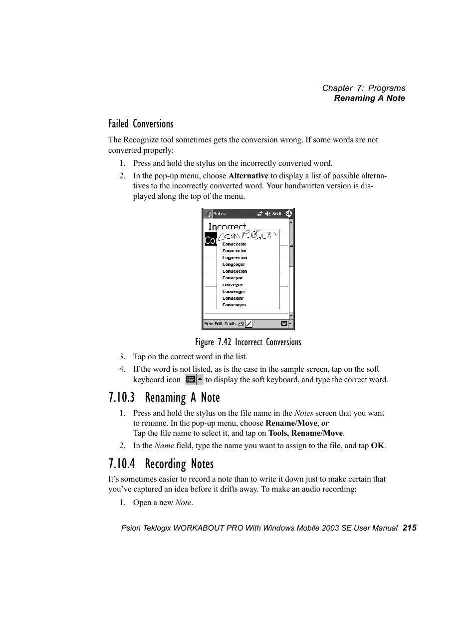 3 renaming a note, 4 recording notes, 3 renaming a note 7.10.4 recording notes | Failed conversions | Psion Teklogix Schnellstart- Anleitung 7525 User Manual | Page 245 / 364