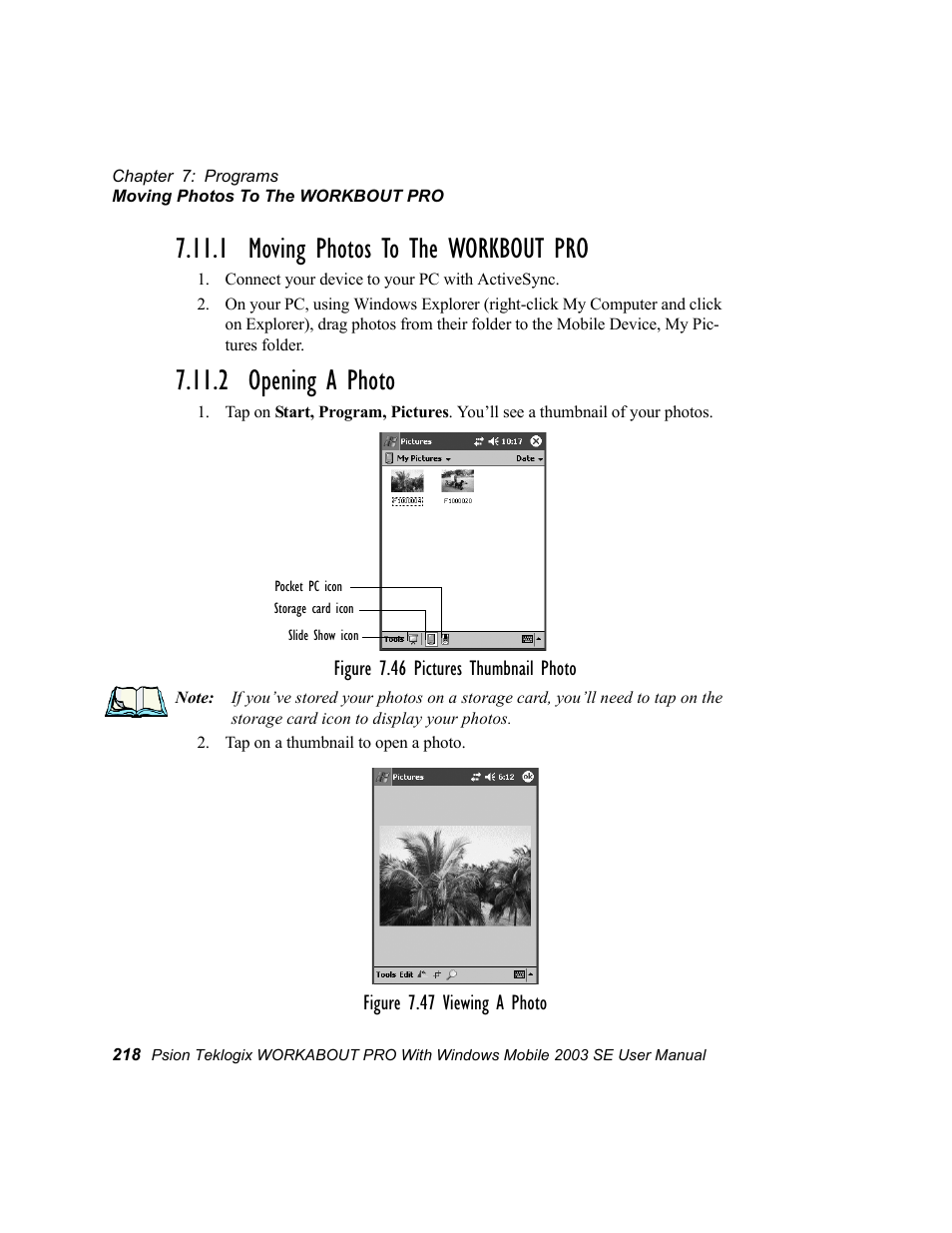 1 moving photos to the workbout pro, 2 opening a photo | Psion Teklogix Schnellstart- Anleitung 7525 User Manual | Page 248 / 364