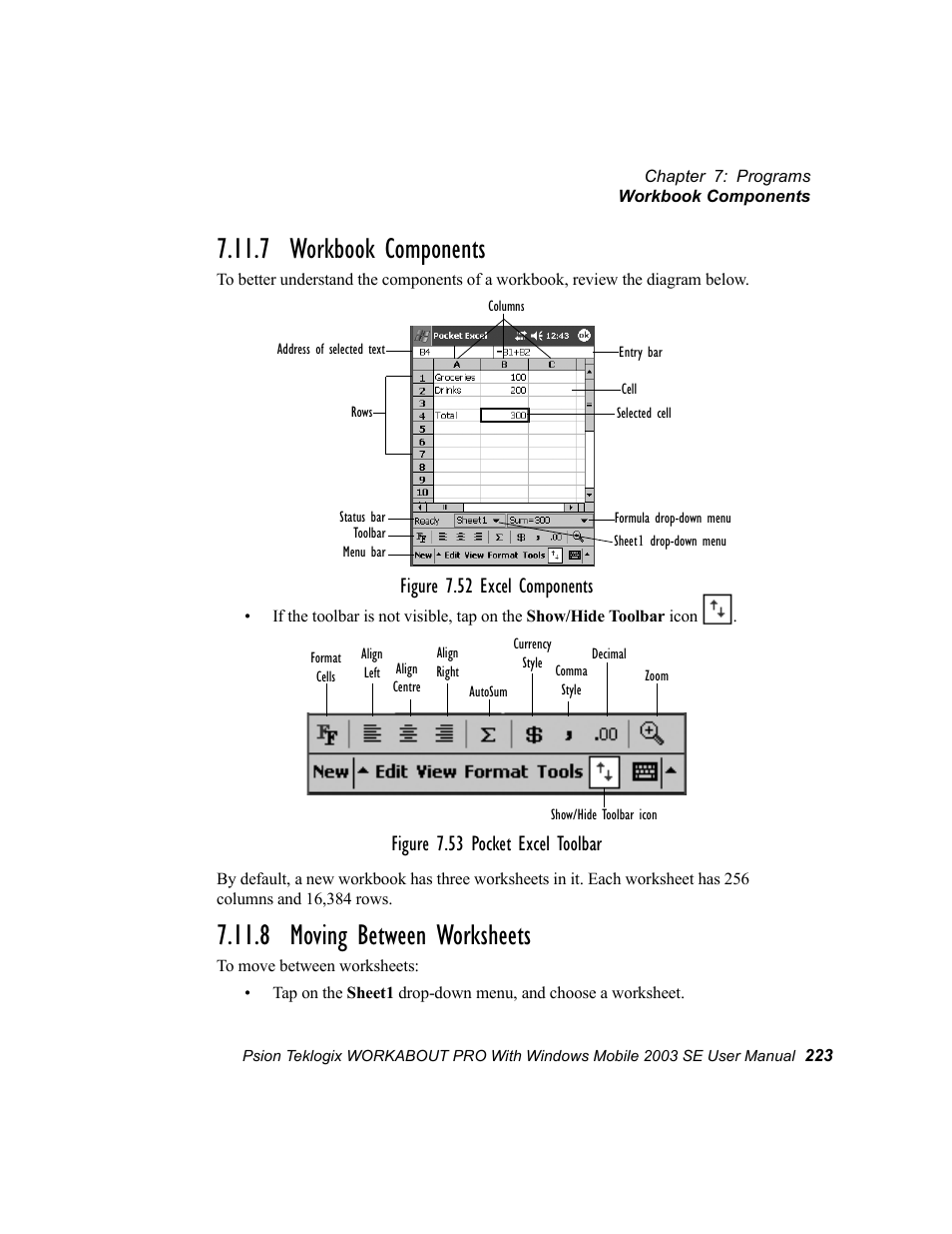 7 workbook components, 8 moving between worksheets, Figure 7.52 excel components | Figure 7.53 pocket excel toolbar | Psion Teklogix Schnellstart- Anleitung 7525 User Manual | Page 253 / 364