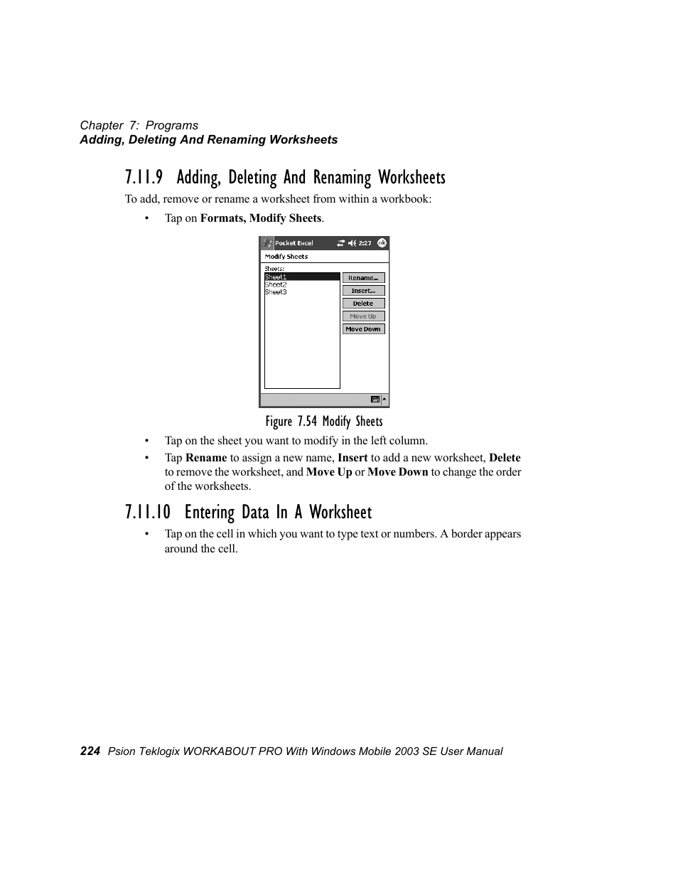 9 adding, deleting and renaming worksheets, 10 entering data in a worksheet | Psion Teklogix Schnellstart- Anleitung 7525 User Manual | Page 254 / 364