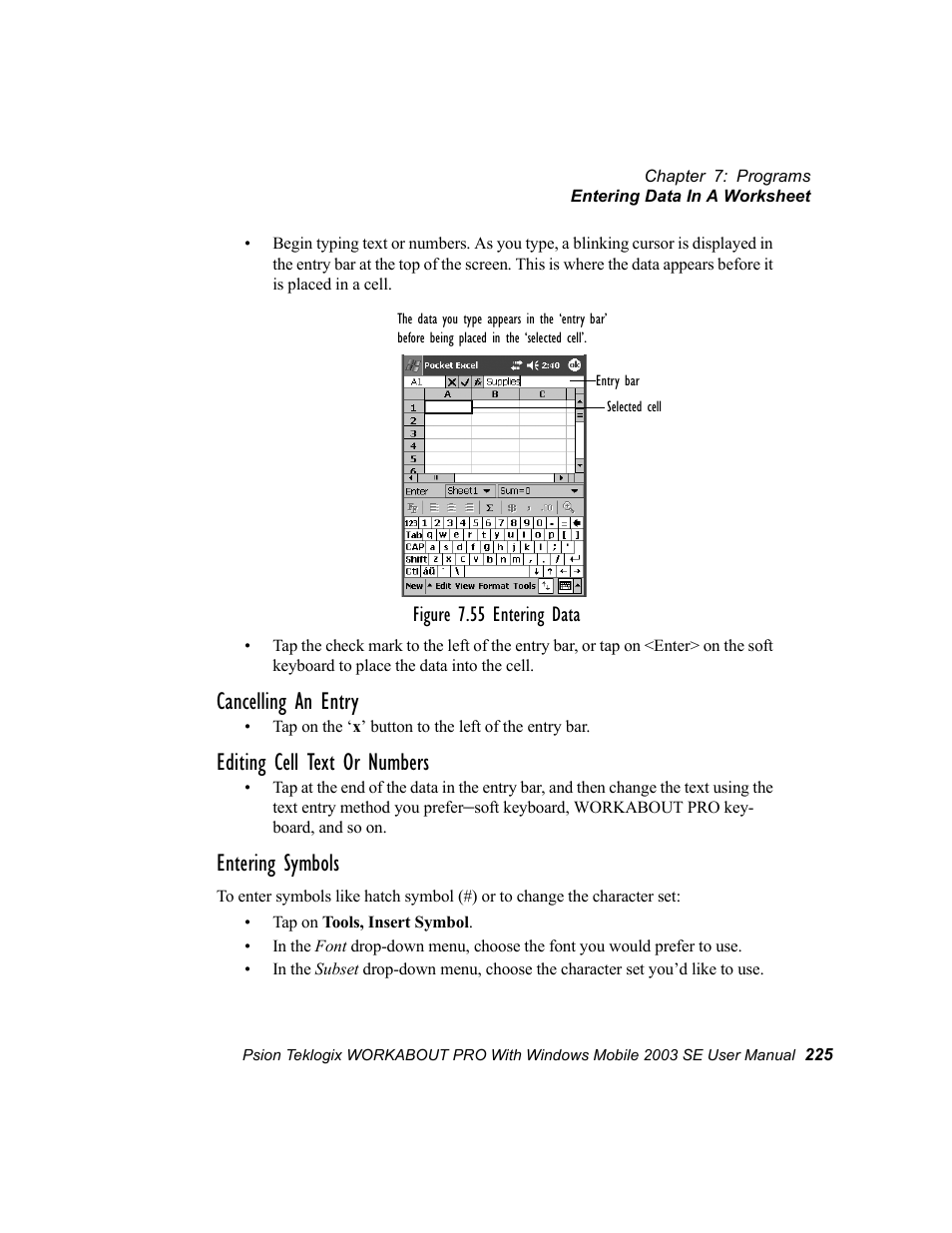Cancelling an entry, Editing cell text or numbers, Entering symbols | Psion Teklogix Schnellstart- Anleitung 7525 User Manual | Page 255 / 364