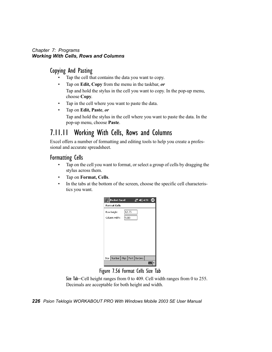 11 working with cells, rows and columns, 11working with cells, rows and columns, Copying and pasting | Formatting cells | Psion Teklogix Schnellstart- Anleitung 7525 User Manual | Page 256 / 364