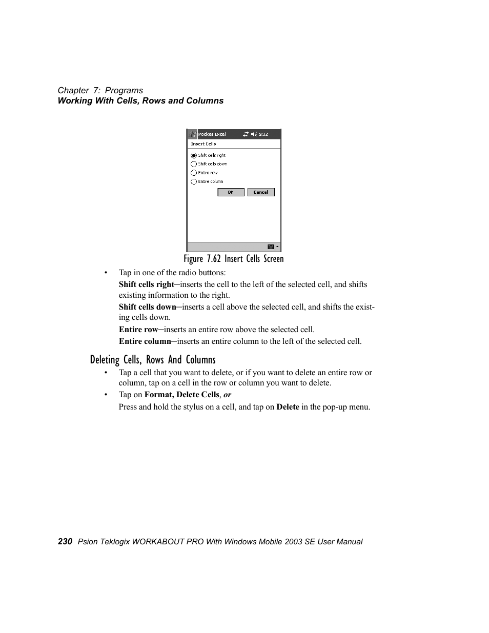 Deleting cells, rows and columns | Psion Teklogix Schnellstart- Anleitung 7525 User Manual | Page 260 / 364