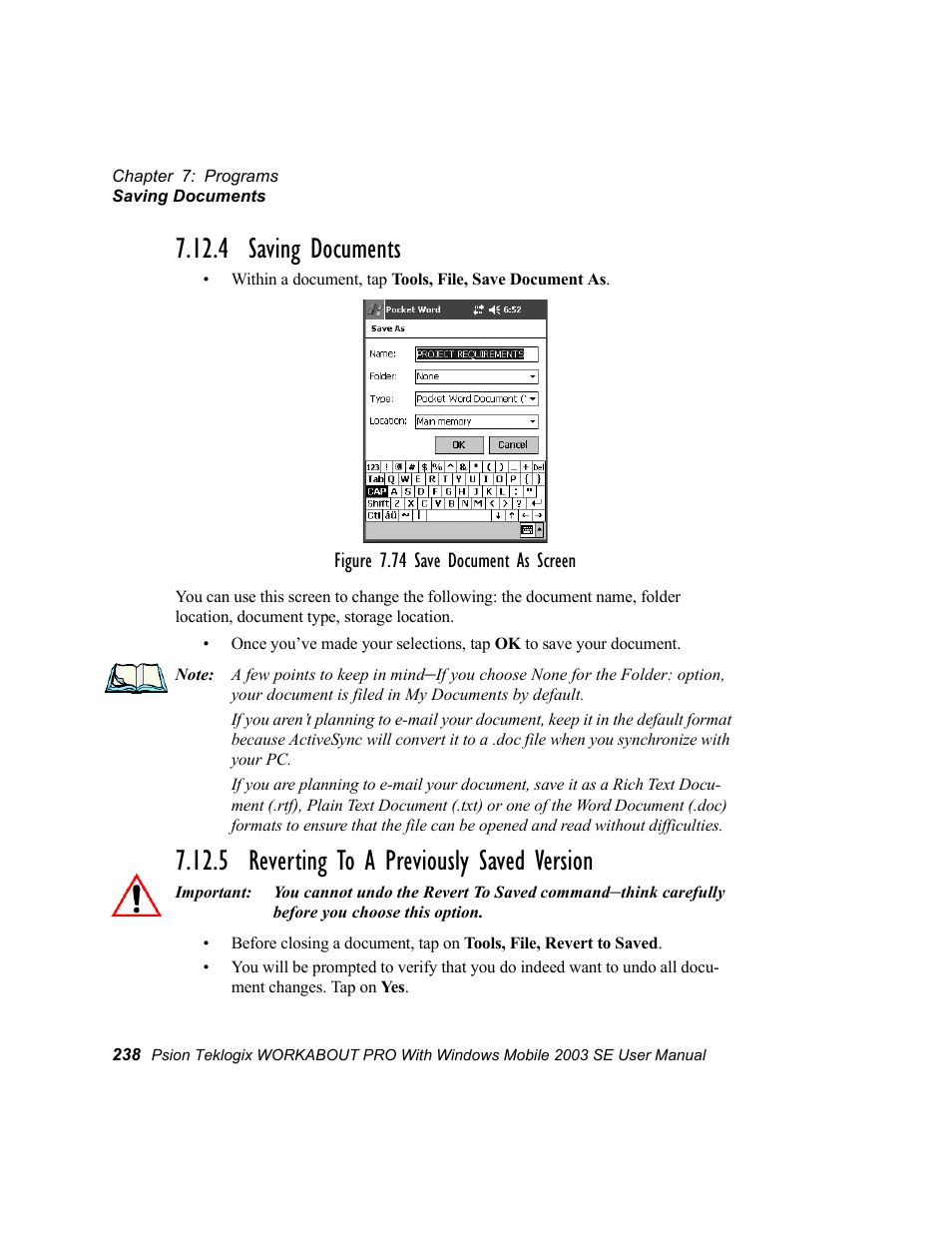 4 saving documents, 5 reverting to a previously saved version, Reverting to a previously saved version | Psion Teklogix Schnellstart- Anleitung 7525 User Manual | Page 268 / 364