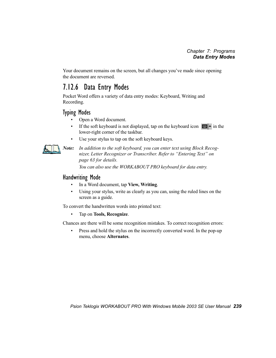 6 data entry modes, Typing modes, Handwriting mode | Psion Teklogix Schnellstart- Anleitung 7525 User Manual | Page 269 / 364