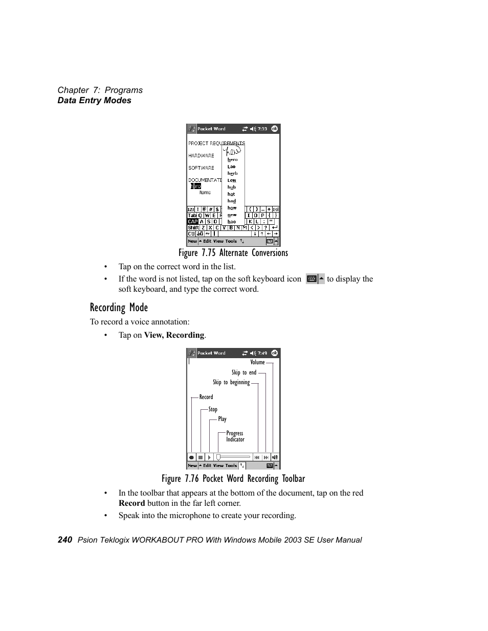 Recording mode, Figure 7.75 alternate conversions, Figure 7.76 pocket word recording toolbar | Psion Teklogix Schnellstart- Anleitung 7525 User Manual | Page 270 / 364