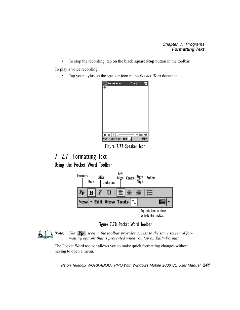 7 formatting text, Using the pocket word toolbar | Psion Teklogix Schnellstart- Anleitung 7525 User Manual | Page 271 / 364