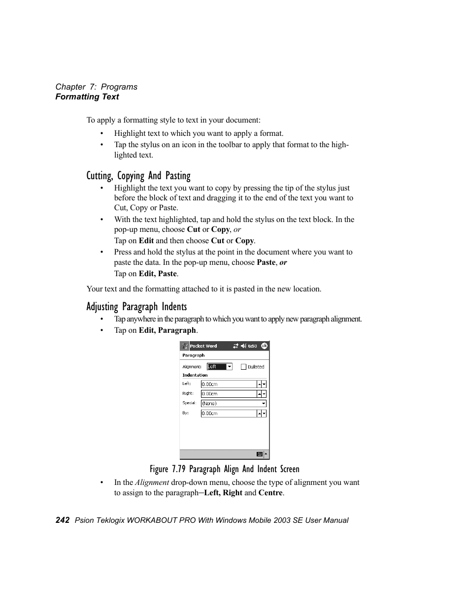 Cutting, copying and pasting, Adjusting paragraph indents | Psion Teklogix Schnellstart- Anleitung 7525 User Manual | Page 272 / 364