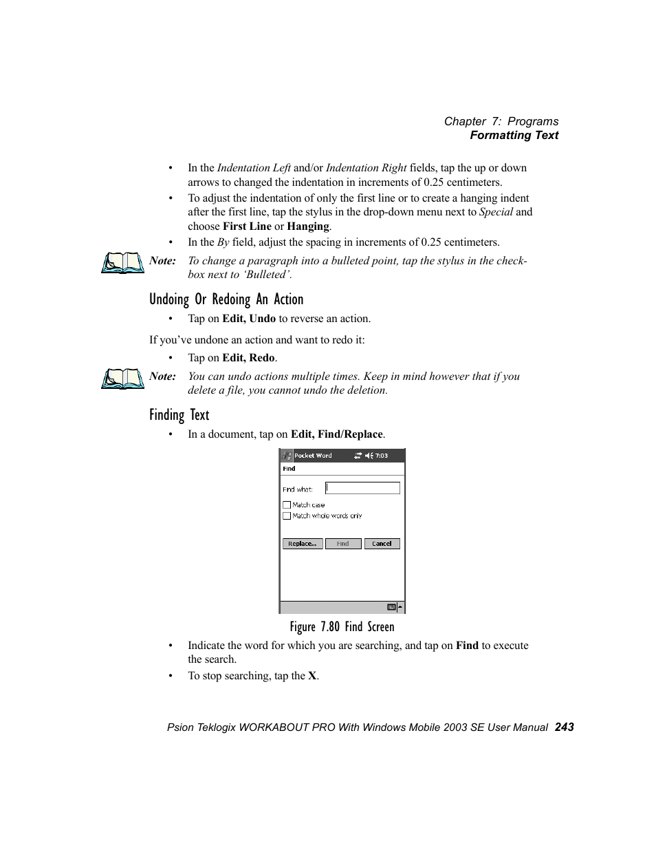 Undoing or redoing an action, Finding text | Psion Teklogix Schnellstart- Anleitung 7525 User Manual | Page 273 / 364