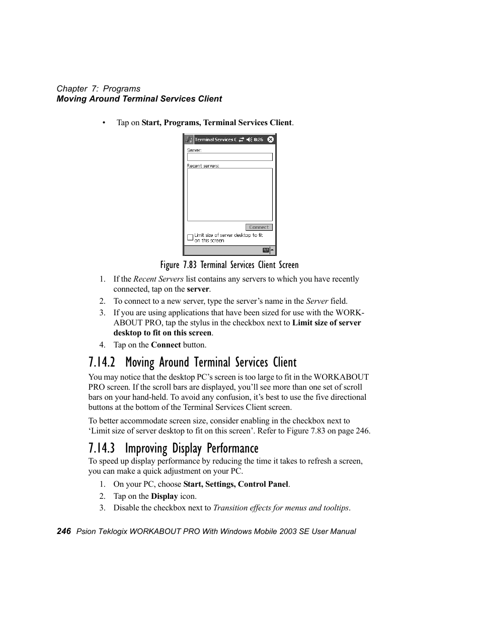 2 moving around terminal services client, 3 improving display performance | Psion Teklogix Schnellstart- Anleitung 7525 User Manual | Page 276 / 364