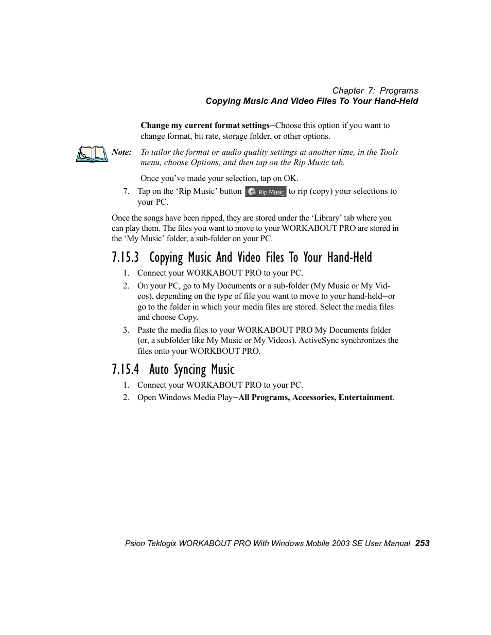 3 copying music and video files to your hand-held, 4 auto syncing music | Psion Teklogix Schnellstart- Anleitung 7525 User Manual | Page 283 / 364