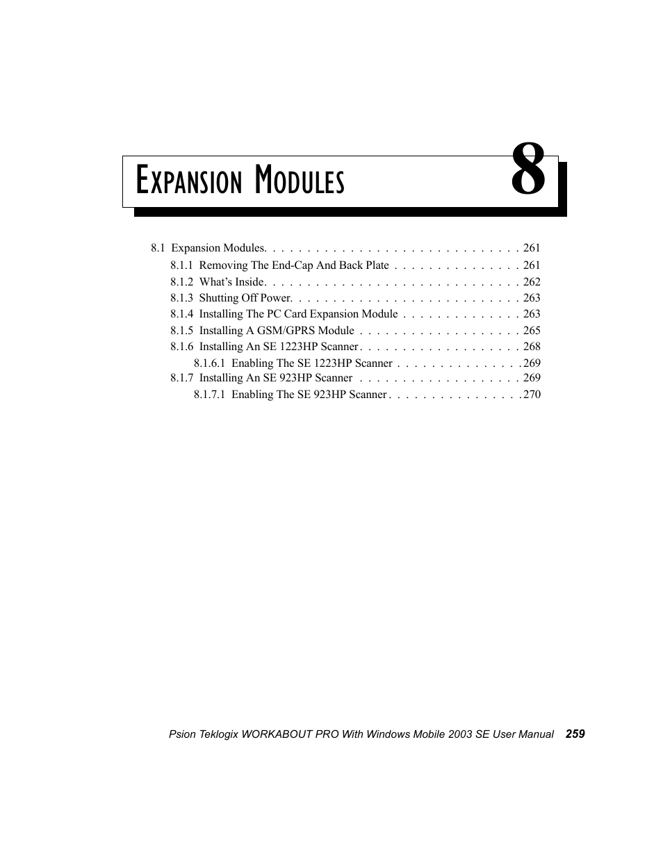 Expansion modules 8, Chapter 8: expansion modules, Xpansion | Odules | Psion Teklogix Schnellstart- Anleitung 7525 User Manual | Page 289 / 364