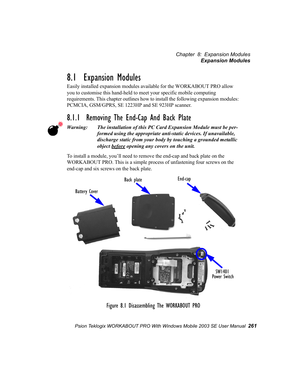 1 expansion modules, 1 removing the end-cap and back plate | Psion Teklogix Schnellstart- Anleitung 7525 User Manual | Page 291 / 364
