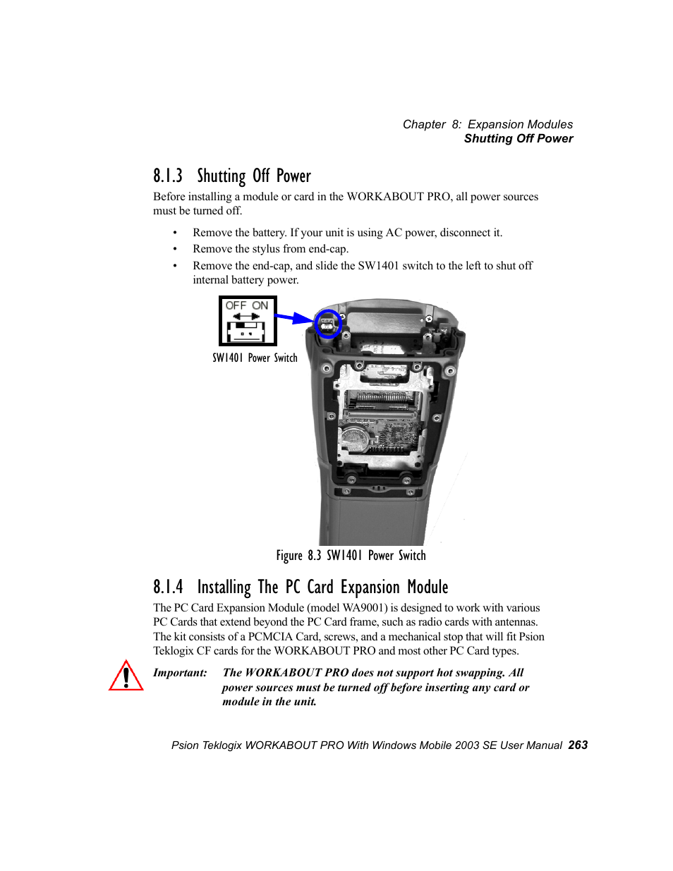 3 shutting off power, 4 installing the pc card expansion module | Psion Teklogix Schnellstart- Anleitung 7525 User Manual | Page 293 / 364