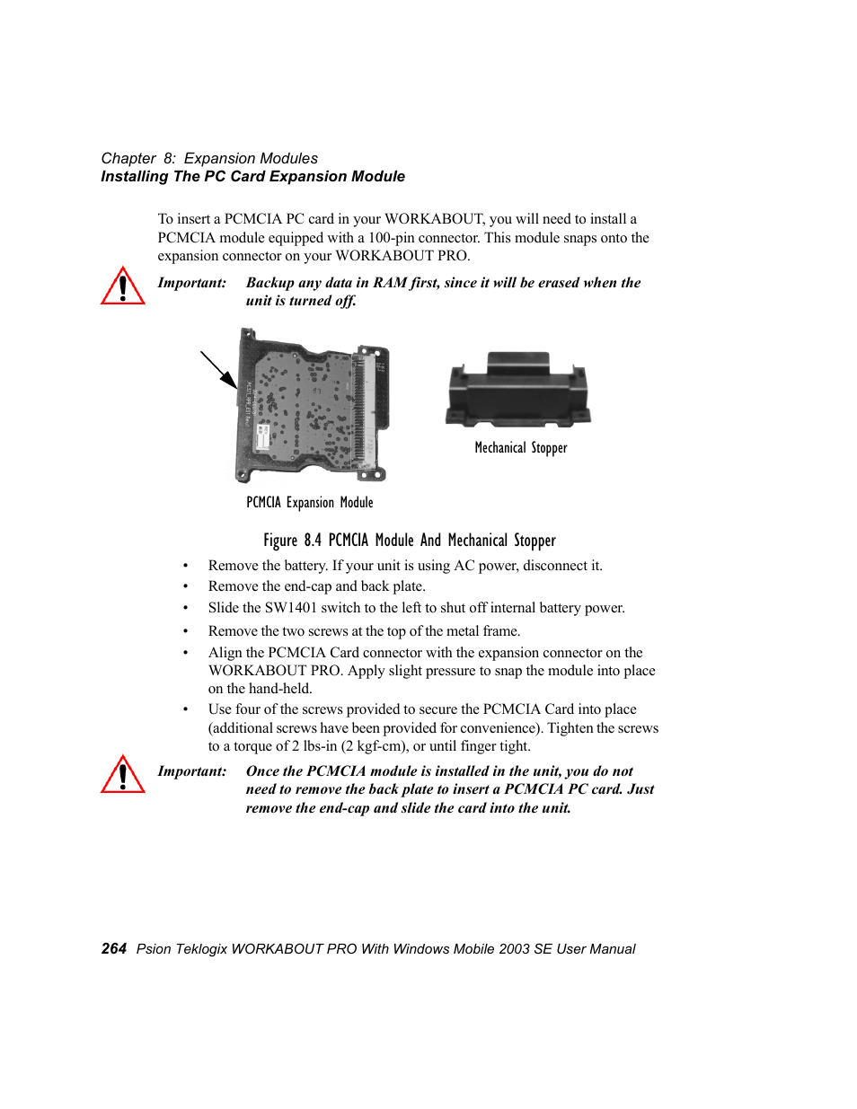 Figure 8.4 pcmcia module and mechanical stopper | Psion Teklogix Schnellstart- Anleitung 7525 User Manual | Page 294 / 364