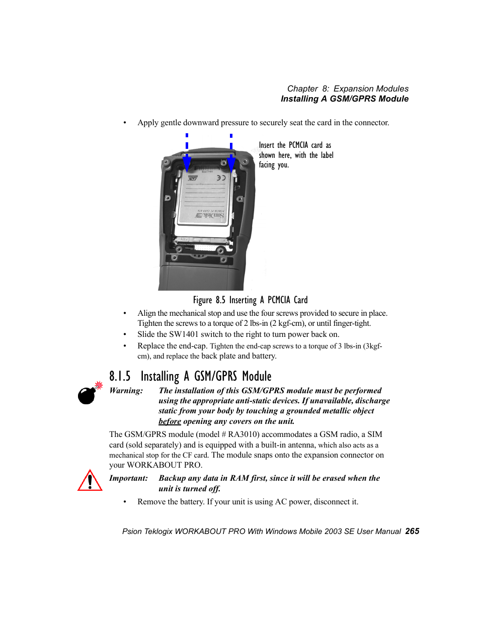 5 installing a gsm/gprs module, Figure 8.5 inserting a pcmcia card | Psion Teklogix Schnellstart- Anleitung 7525 User Manual | Page 295 / 364