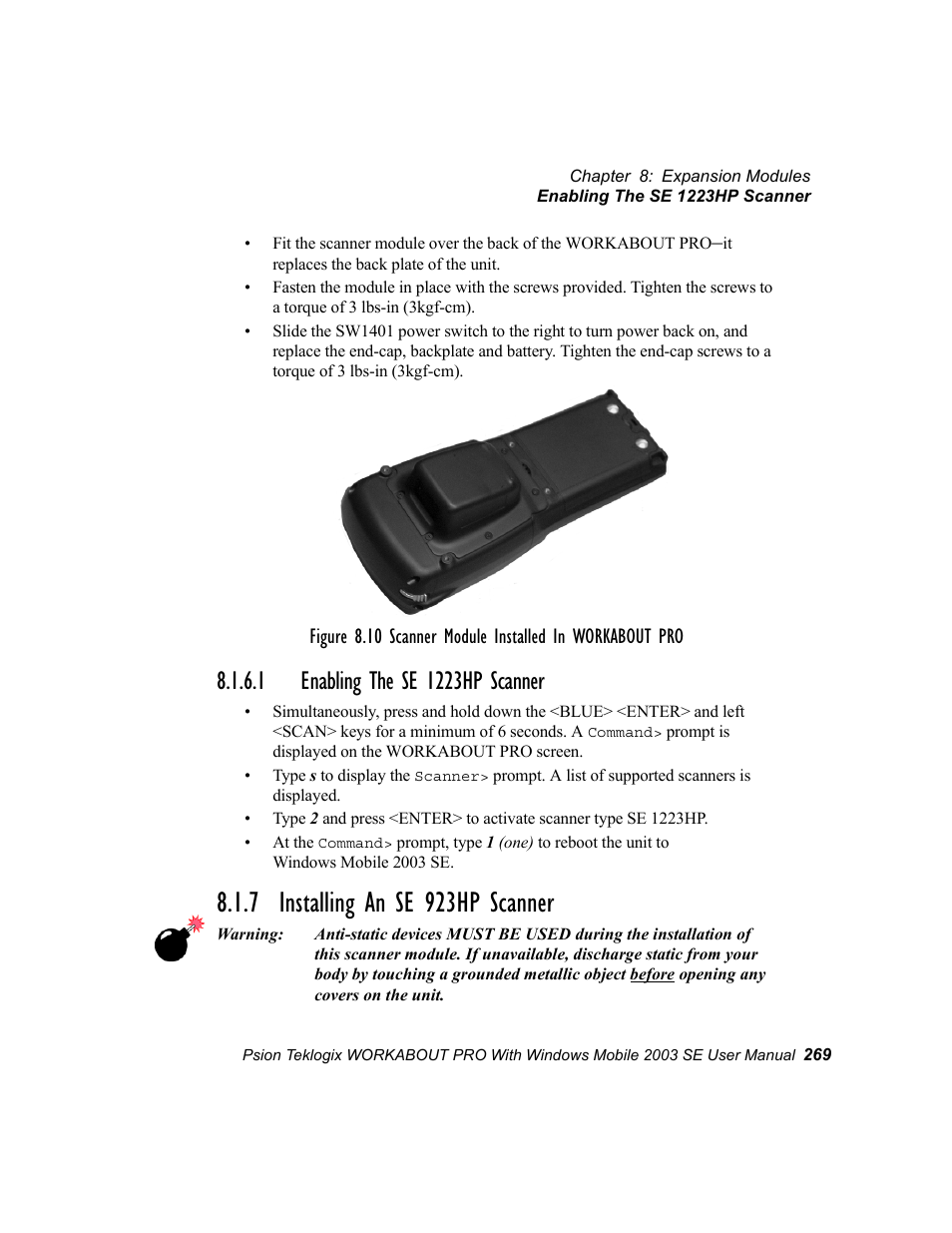 1 enabling the se 1223hp scanner, 7 installing an se 923hp scanner | Psion Teklogix Schnellstart- Anleitung 7525 User Manual | Page 299 / 364