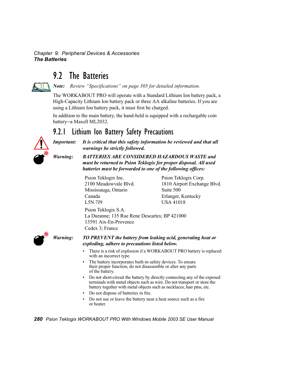 2 the batteries, 1 lithium ion battery safety precautions, The batteries | Lithium ion battery safety precau- tions” b | Psion Teklogix Schnellstart- Anleitung 7525 User Manual | Page 310 / 364