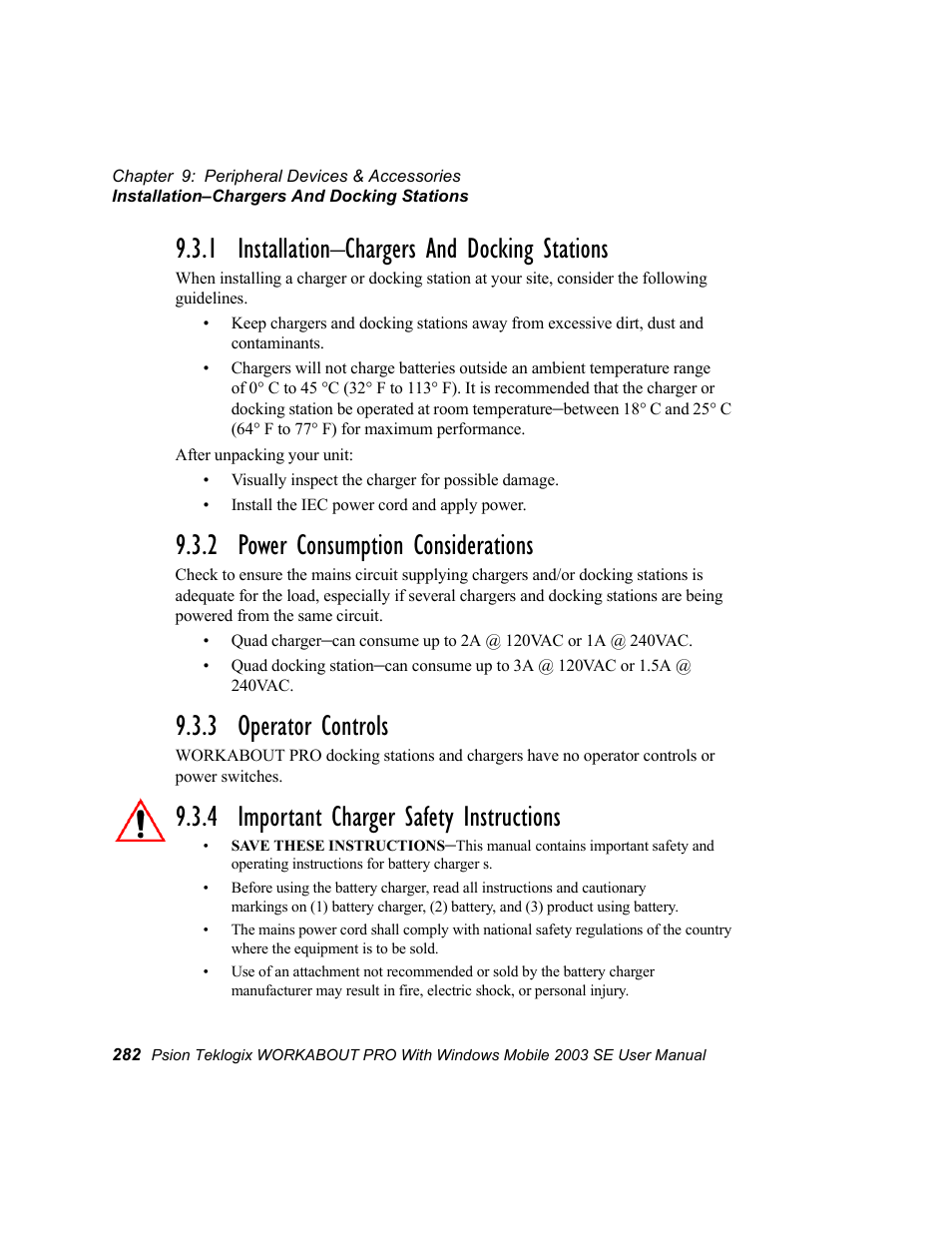 1 installation-chargers and docking stations, 2 power consumption considerations, 3 operator controls | 4 important charger safety instructions, 1 installation–chargers and docking stations | Psion Teklogix Schnellstart- Anleitung 7525 User Manual | Page 312 / 364