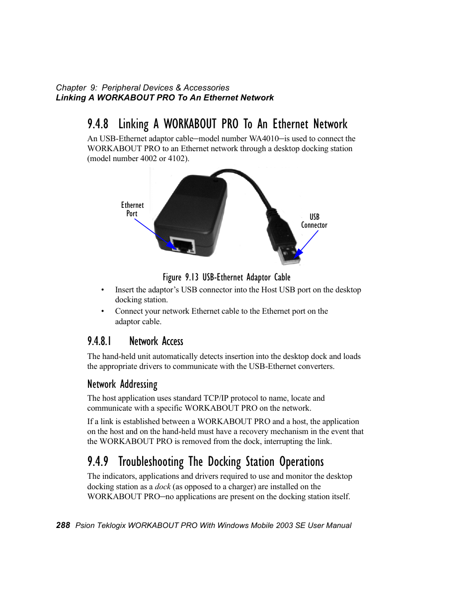 8 linking a workabout pro to an ethernet network, 1 network access, 9 troubleshooting the docking station operations | Network addressing | Psion Teklogix Schnellstart- Anleitung 7525 User Manual | Page 318 / 364