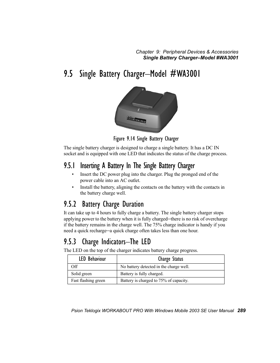 5 single battery charger-model #wa3001, 2 battery charge duration, 3 charge indicators-the led | 5 single battery charger–model #wa3001, 3 charge indicators–the led | Psion Teklogix Schnellstart- Anleitung 7525 User Manual | Page 319 / 364