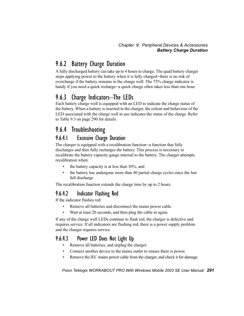 2 battery charge duration, 3 charge indicators-the leds, 4 troubleshooting | 1 excessive charge duration, 2 indicator flashing red, 3 power led does not light up, 3 charge indicators–the leds | Psion Teklogix Schnellstart- Anleitung 7525 User Manual | Page 321 / 364
