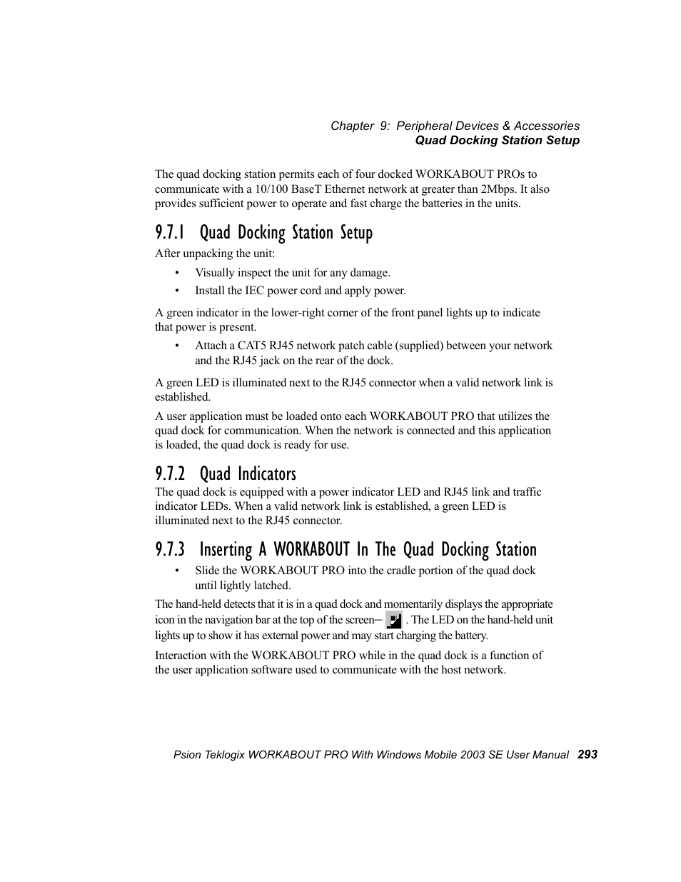 1 quad docking station setup, 2 quad indicators | Psion Teklogix Schnellstart- Anleitung 7525 User Manual | Page 323 / 364