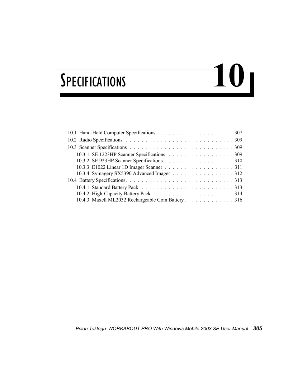 Specifications 10, Chapter 10: specifications, Pecifications | Psion Teklogix Schnellstart- Anleitung 7525 User Manual | Page 335 / 364