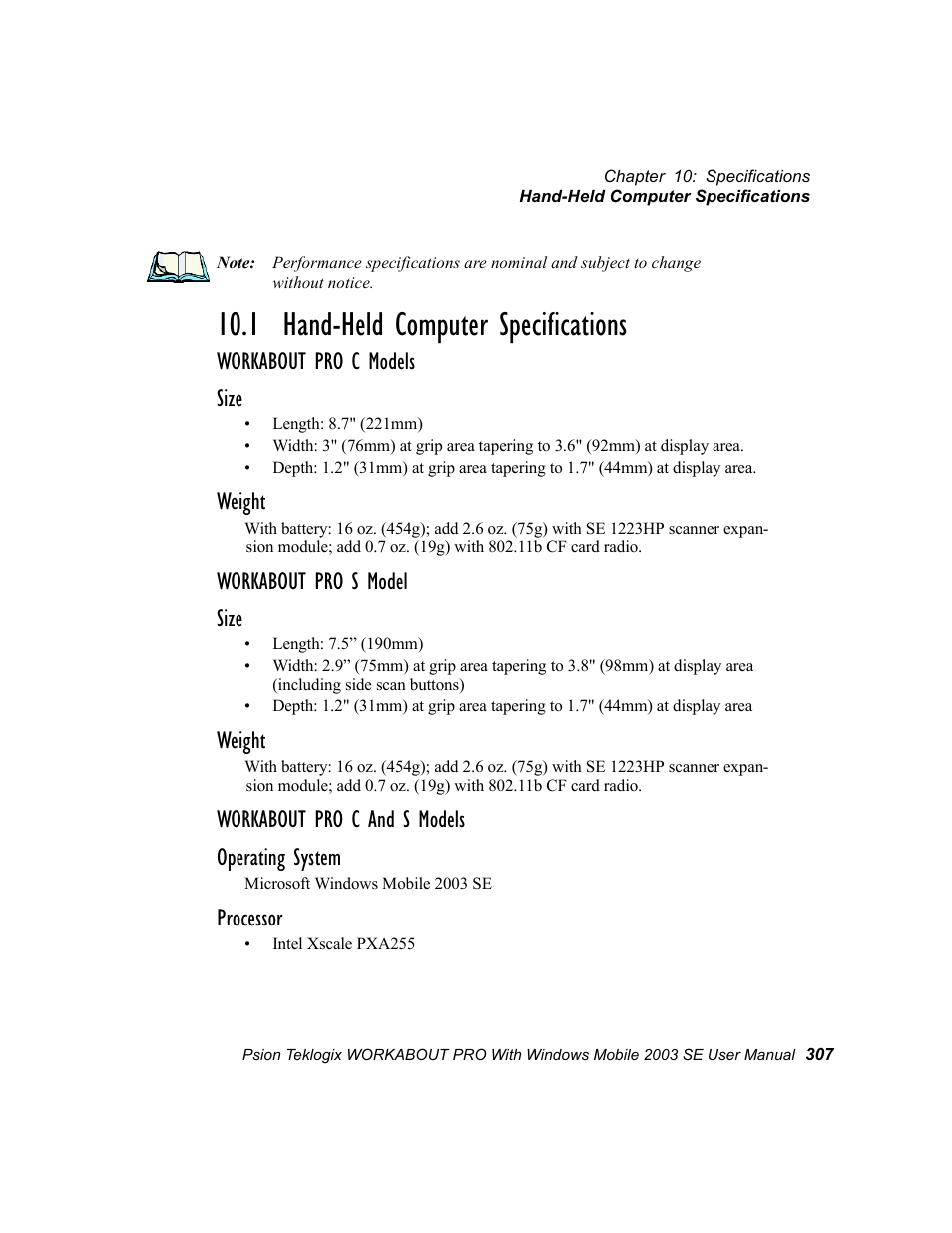 1 hand-held computer specifications, Workabout pro c models size, Weight | Workabout pro s model size, Workabout pro c and s models operating system, Processor | Psion Teklogix Schnellstart- Anleitung 7525 User Manual | Page 337 / 364