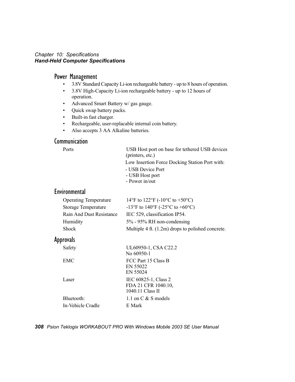 Power management, Communication, Environmental | Approvals | Psion Teklogix Schnellstart- Anleitung 7525 User Manual | Page 338 / 364