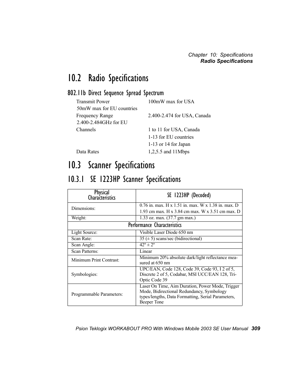 2 radio specifications, 3 scanner specifications, 1 se 1223hp scanner specifications | 2 radio specifications 10.3 scanner specifications, 11b direct sequence spread spectrum | Psion Teklogix Schnellstart- Anleitung 7525 User Manual | Page 339 / 364
