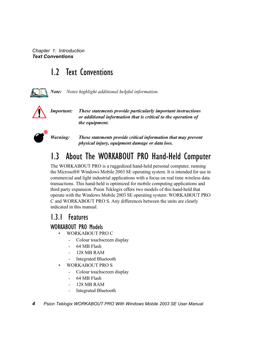2 text conventions, 3 about the workabout pro hand-held computer, 1 features | Workabout pro models | Psion Teklogix Schnellstart- Anleitung 7525 User Manual | Page 34 / 364