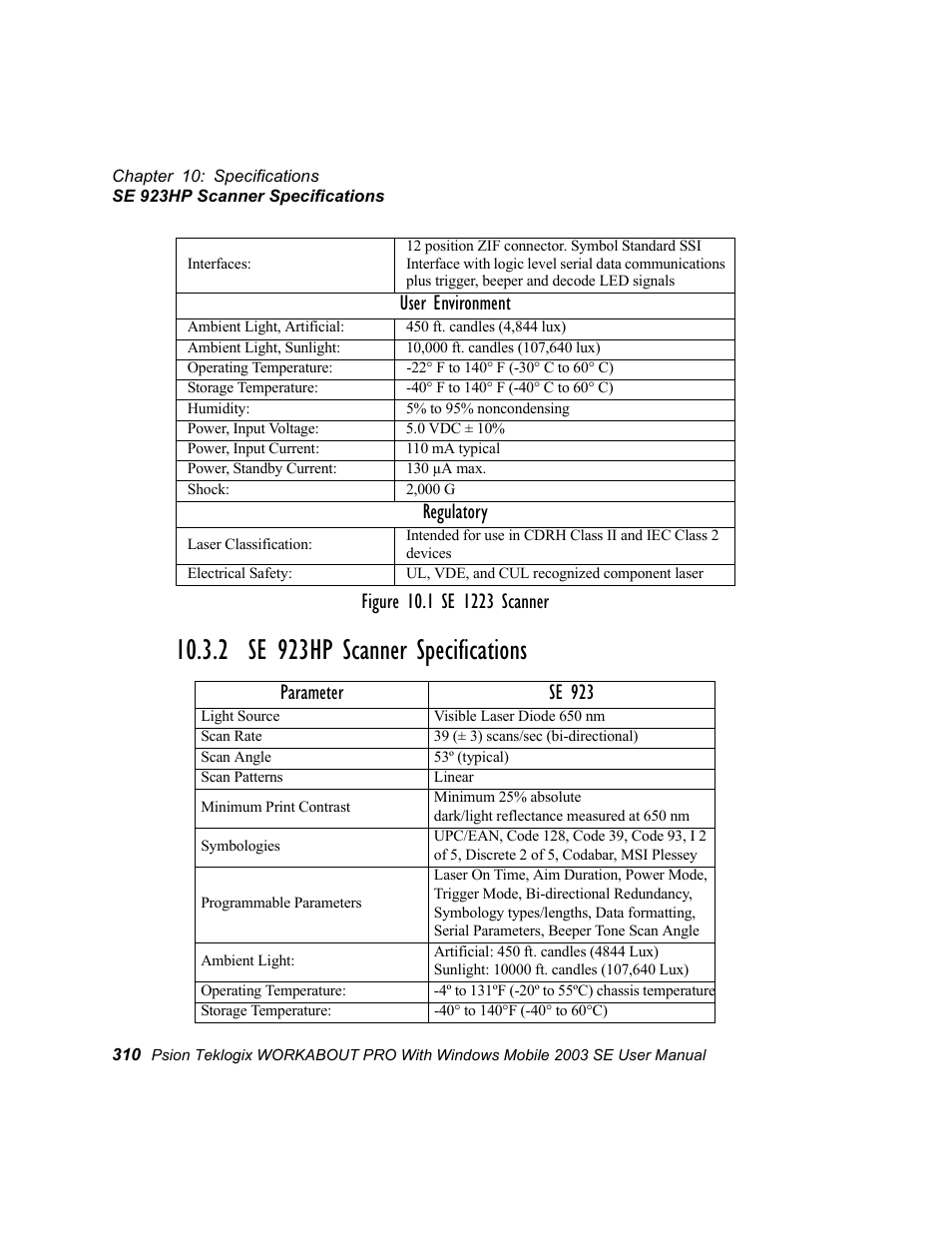 2 se 923hp scanner specifications, User environment, Regulatory | Parameter se 923 | Psion Teklogix Schnellstart- Anleitung 7525 User Manual | Page 340 / 364