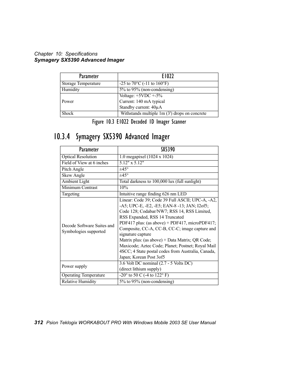 4 symagery sx5390 advanced imager, Parameter sx5390, Parameter e1022 | Psion Teklogix Schnellstart- Anleitung 7525 User Manual | Page 342 / 364