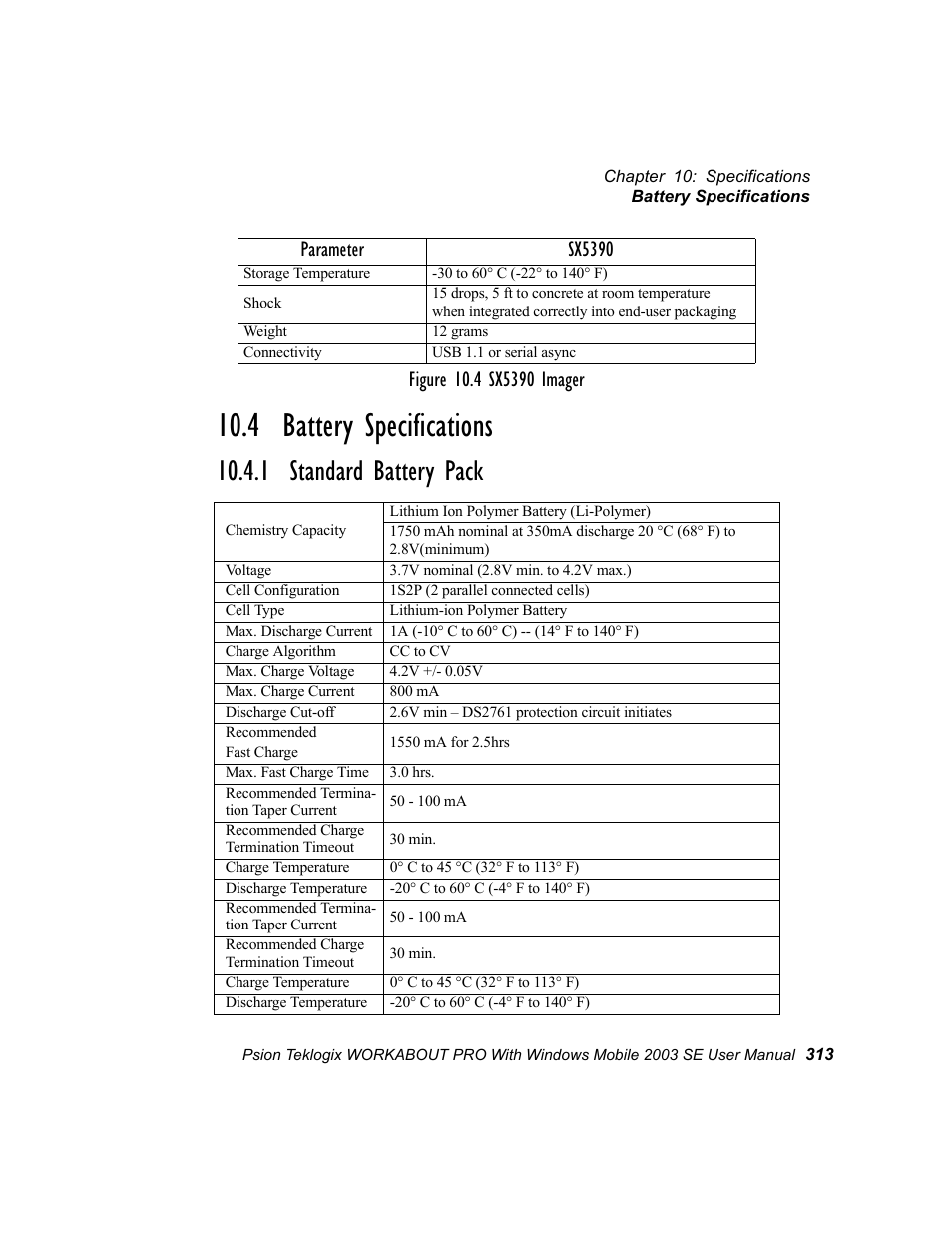 4 battery specifications, 1 standard battery pack, Parameter sx5390 | Psion Teklogix Schnellstart- Anleitung 7525 User Manual | Page 343 / 364