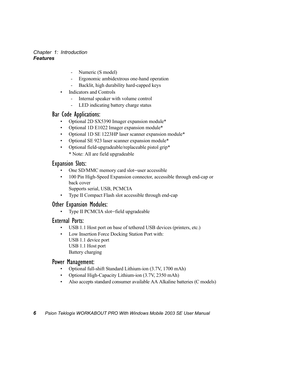 Bar code applications, Expansion slots, Other expansion modules | External ports, Power management | Psion Teklogix Schnellstart- Anleitung 7525 User Manual | Page 36 / 364