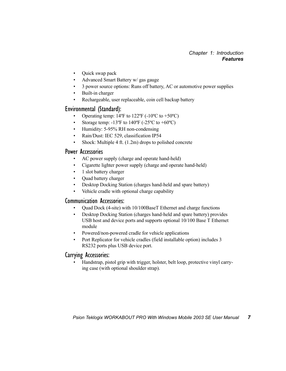 Environmental (standard), Power accessories, Communication accessories | Carrying accessories | Psion Teklogix Schnellstart- Anleitung 7525 User Manual | Page 37 / 364