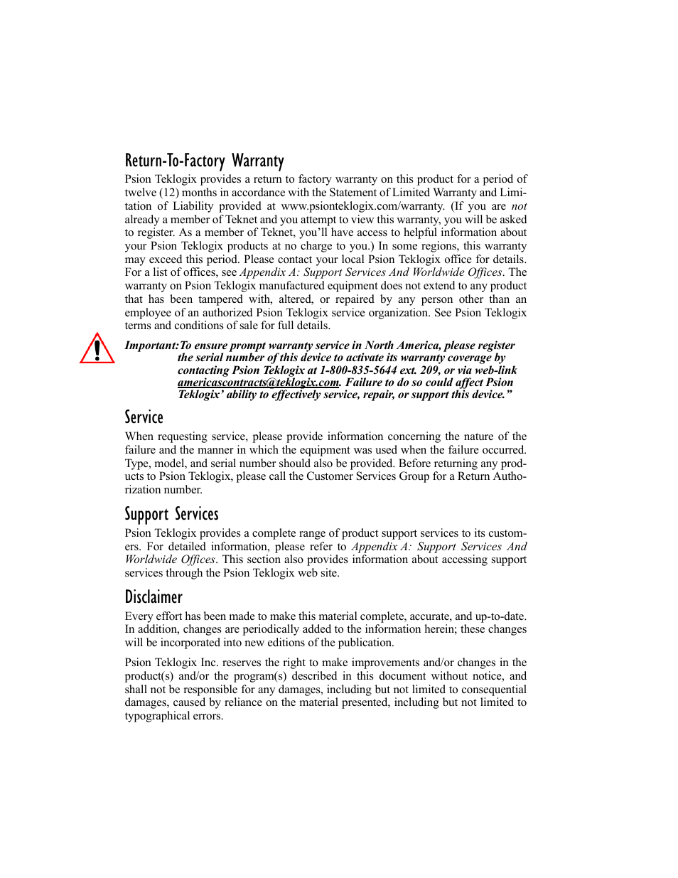 Return-to-factory warranty, Service, Support services | Disclaimer | Psion Teklogix Schnellstart- Anleitung 7525 User Manual | Page 4 / 364