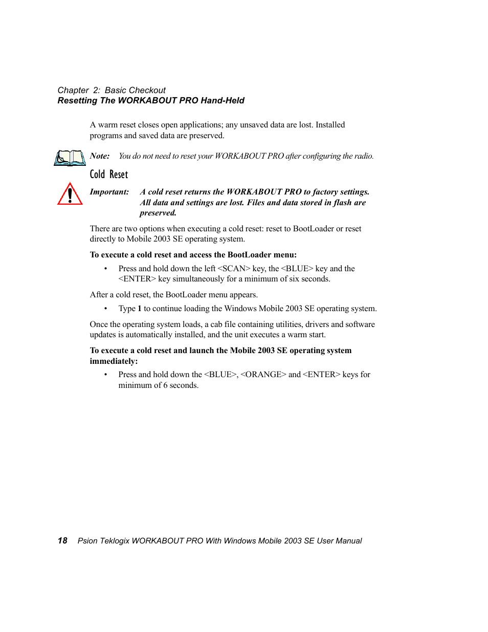 Cold reset | Psion Teklogix Schnellstart- Anleitung 7525 User Manual | Page 48 / 364