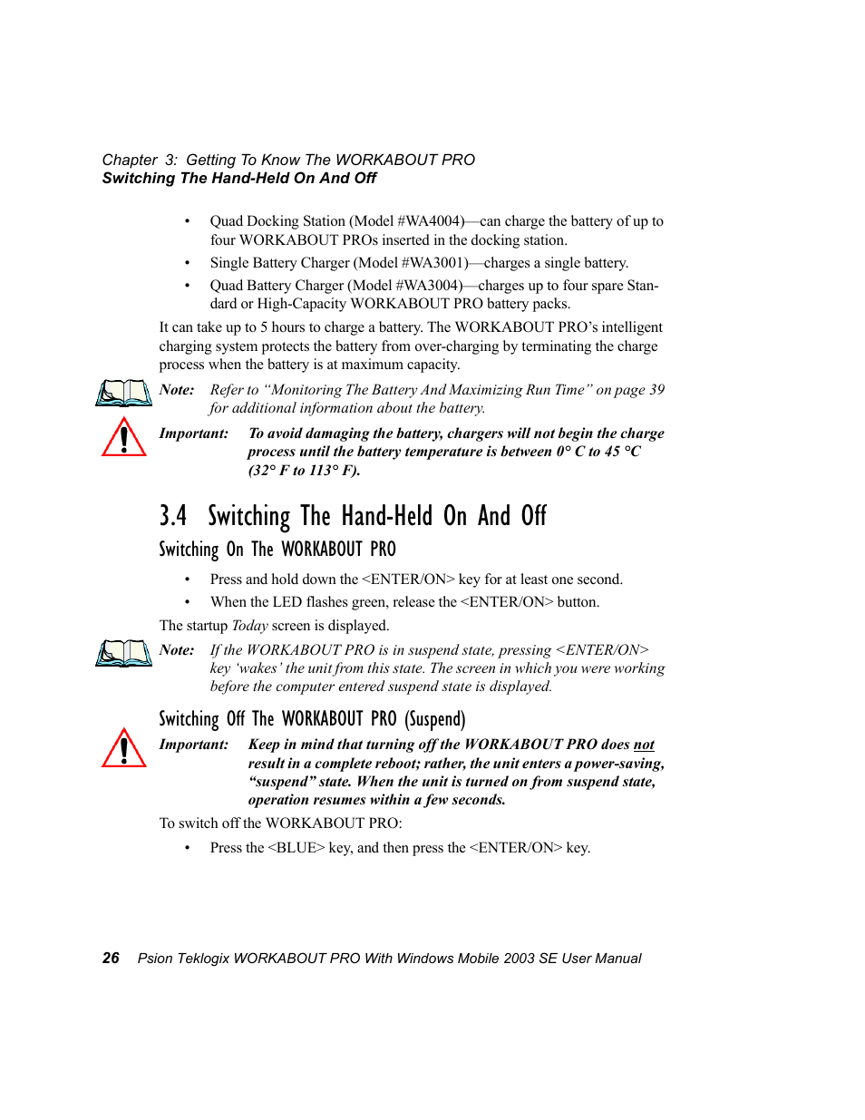 4 switching the hand-held on and off, Switching on the workabout pro, Switching off the workabout pro (suspend) | Psion Teklogix Schnellstart- Anleitung 7525 User Manual | Page 56 / 364