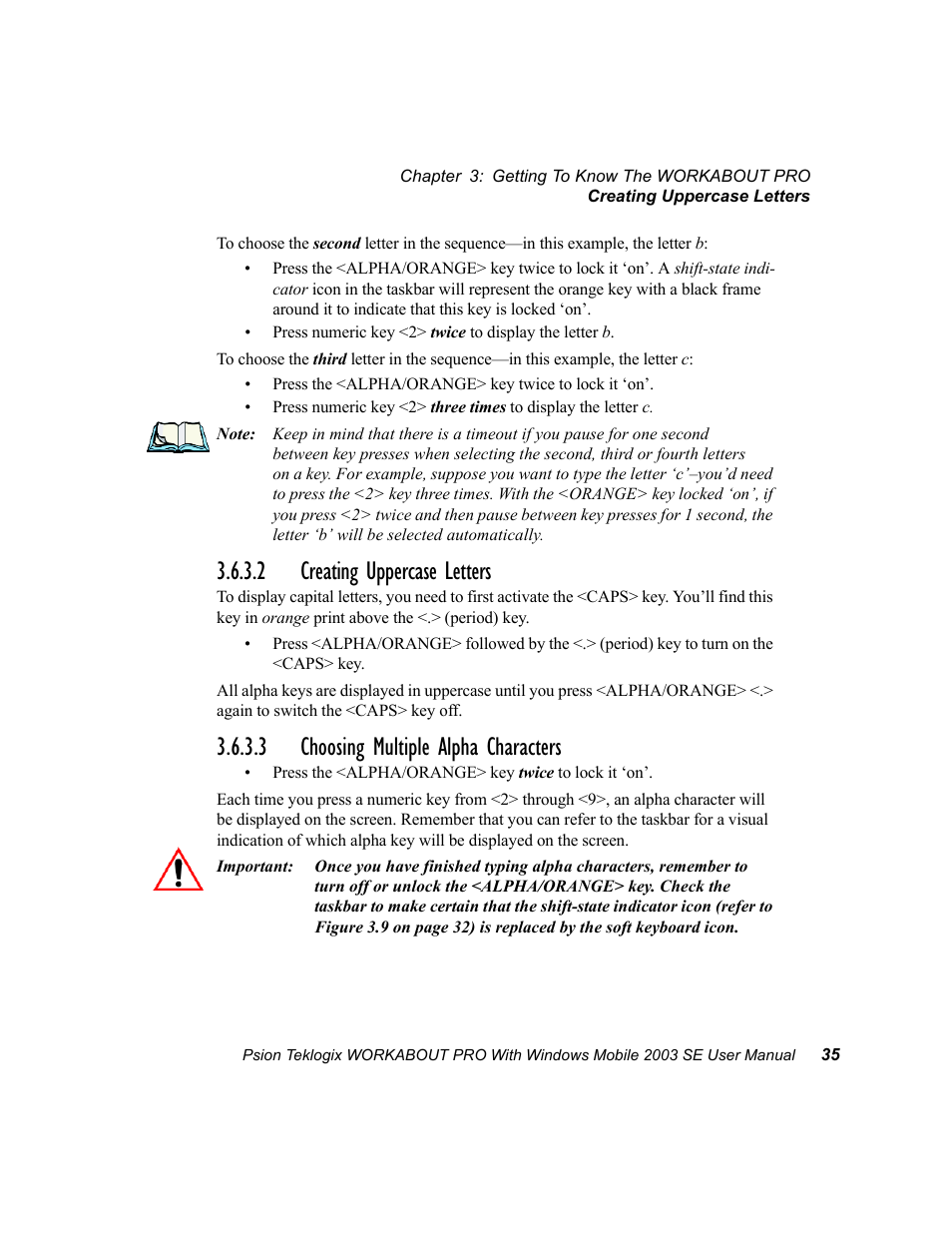 2 creating uppercase letters, 3 choosing multiple alpha characters | Psion Teklogix Schnellstart- Anleitung 7525 User Manual | Page 65 / 364