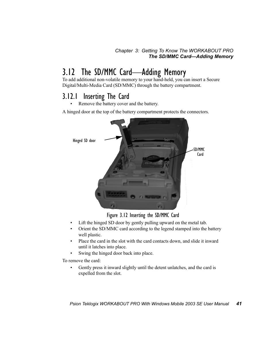 12 the sd/mmc card-adding memory, 1 inserting the card, 12 the sd/mmc card—adding memory | Psion Teklogix Schnellstart- Anleitung 7525 User Manual | Page 71 / 364