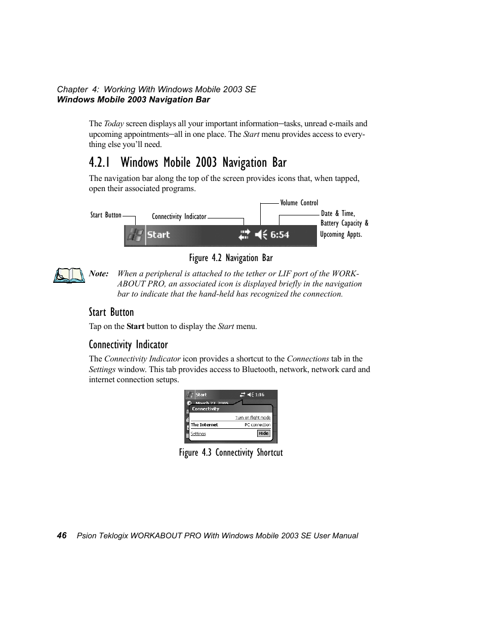 1 windows mobile 2003 navigation bar, Start button, Connectivity indicator | Psion Teklogix Schnellstart- Anleitung 7525 User Manual | Page 76 / 364