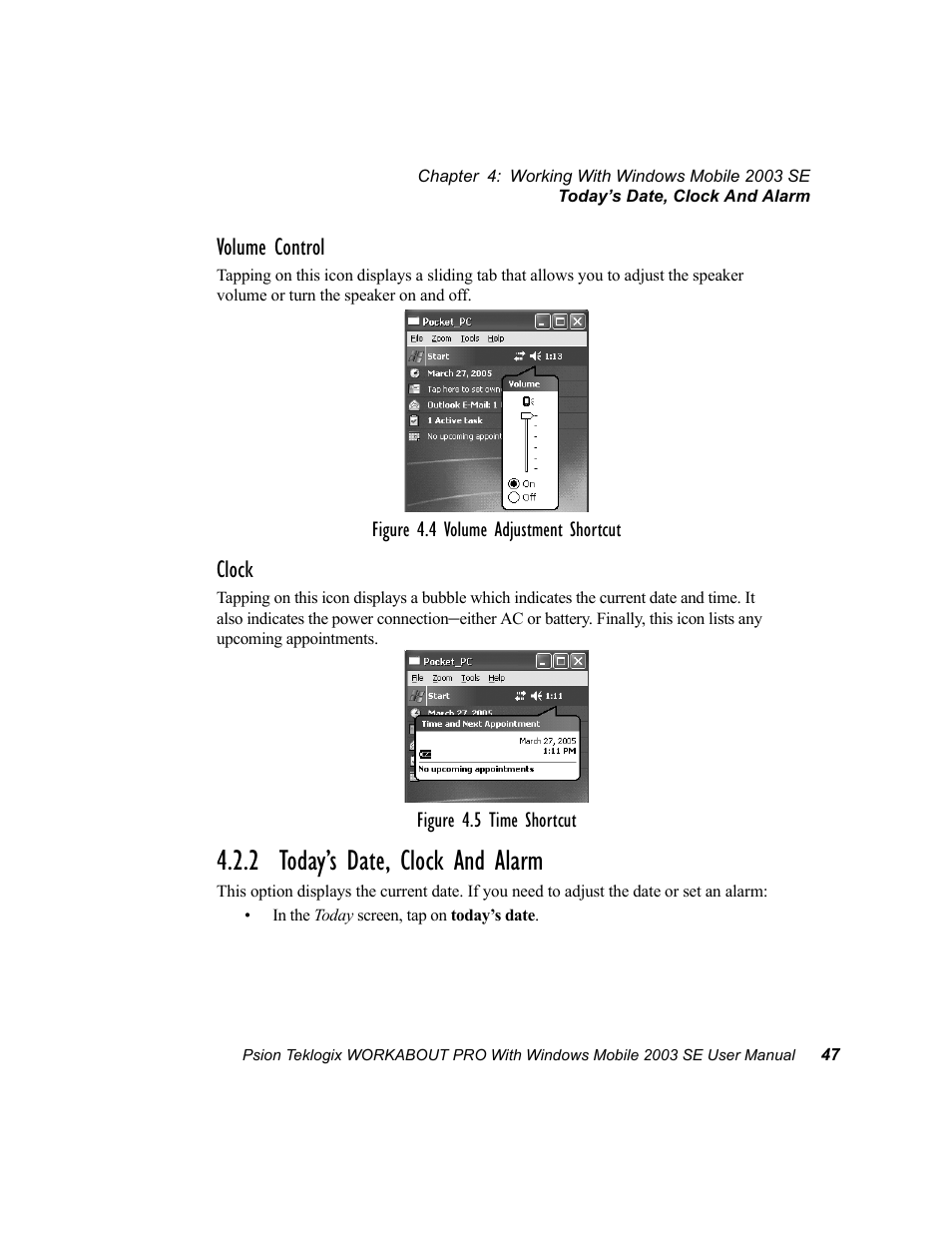 2 today’s date, clock and alarm, Volume control, Clock | Psion Teklogix Schnellstart- Anleitung 7525 User Manual | Page 77 / 364